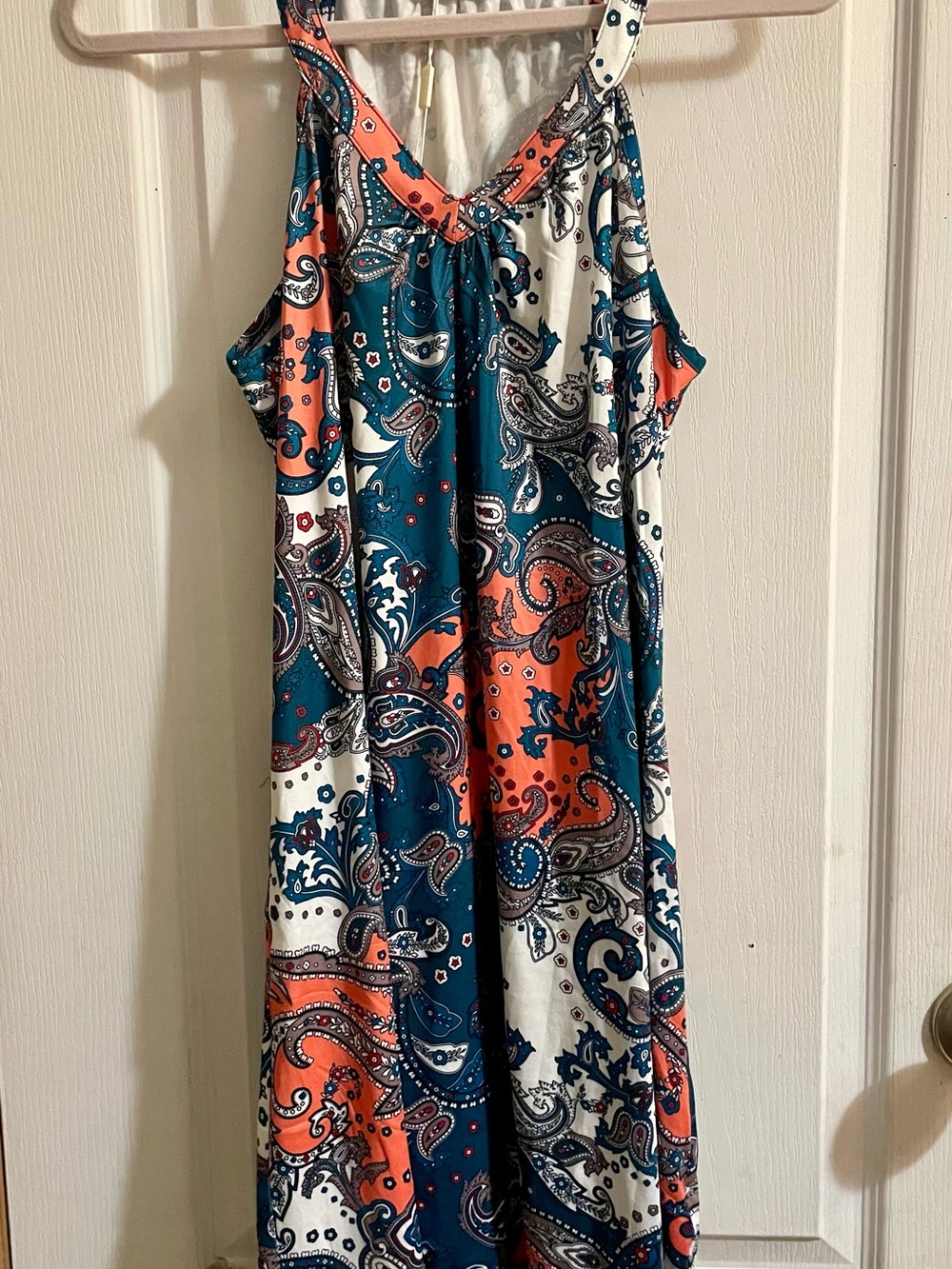 2/$10 or 3/$12, Sleeveless Paisley Print Maxi Dress in Teal, Coral & White